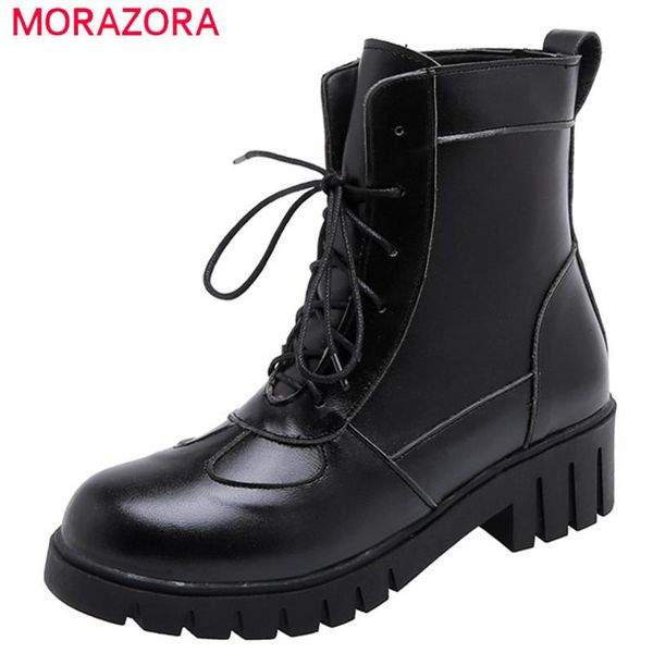 

boots morazora 2021 women ankle lace up round toe autumn winter casual shoes woman concise low heels platform, Black