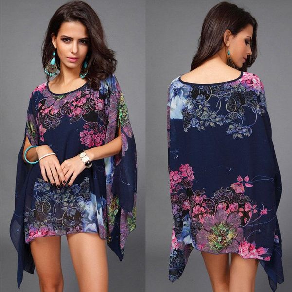 

women's blouses & shirts plus size women batwing sleeve blouse 2021 fashion ladies flower pattern blousa female chiffon low price, White