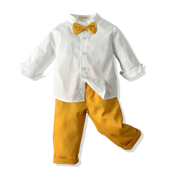 

children's autumn stand collar bowknot white long sleeve shirt children's suspenders suit products, Blue