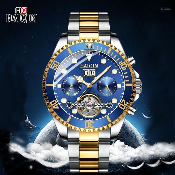 

wristwatches haiqin men's automatic watch waterproof mechanical wristwatch fashion tourbillon watches for men reloj hombres, Slivery;brown
