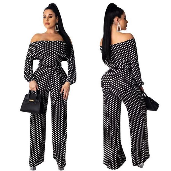 

women's jumpsuits & rompers 2021 spring overalls for women slash neck polka dot print romper jumpsuit long sleeve wide leg pant, Black;white
