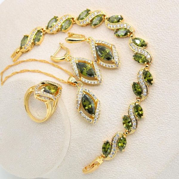

earrings & necklace geometric gold color jewelry set for women olive green white zircon bracelet pendant ring wedding gift 4pcs, Silver