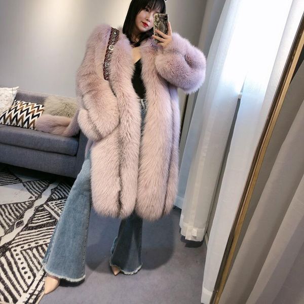

women's fur & faux long coat ladies natural jacket women real outwear, Black