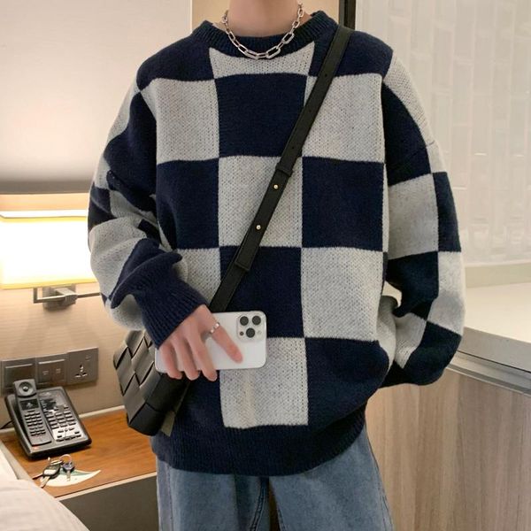 

men's sweaters autumn winter plaid sweater men warm fashion casual knitted pullover korean loose long-sleeved mens jumper clothes, White;black