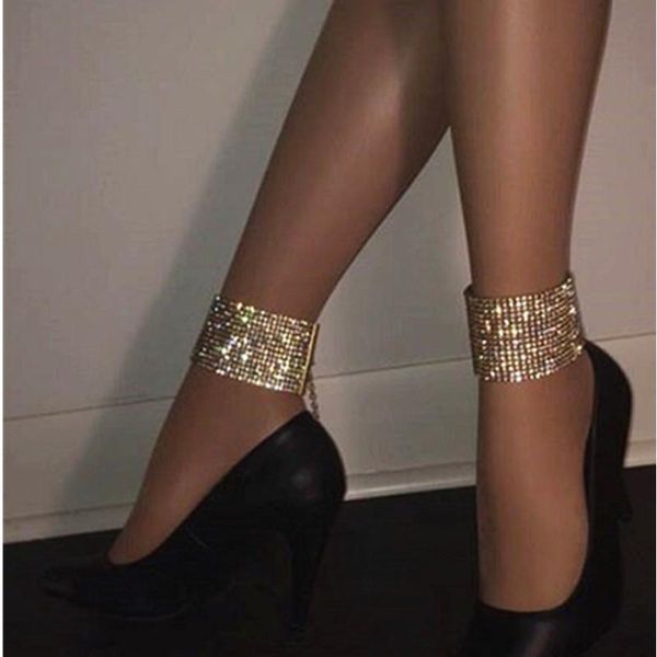 

anklets full rhinestone super wide anklet woman nightclub accessories hyperbole shining geometric charm jewellery ankle chain, Red;blue