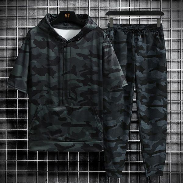 

spring summer camouflage suit sports men tracksuits fitness short sleeve hoodie trousers 2 pieces casual outdoor fashion sets, Gray
