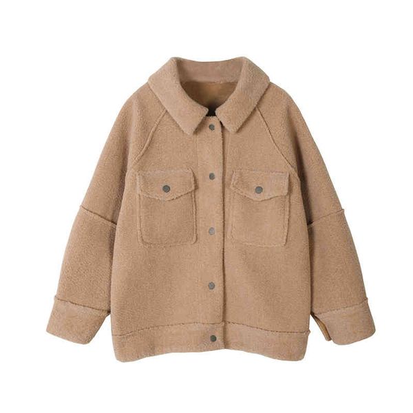 

autumn winter anti sheepskin coat female loose plush shirt jacket turn-down collar jackets 210427, Black;brown