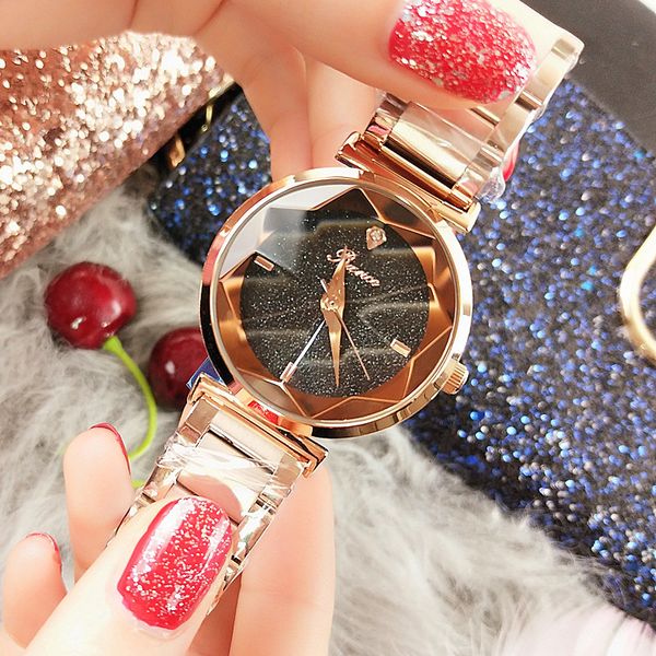 

watch style women's fashion cut diamond waterproof star face blue band quartz, Slivery;brown