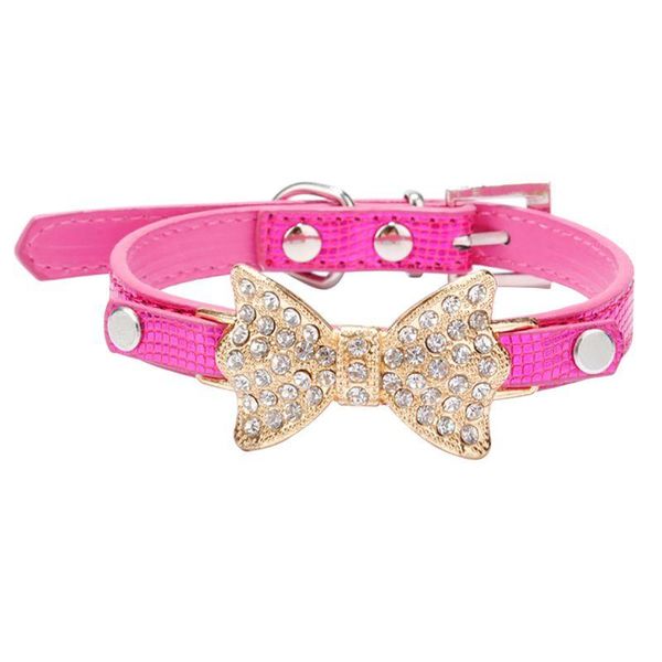 

dog collars & leashes puppy dogs collar bell bowknot alloy button pu leather rhinestone cat supply pet neck strap accessories