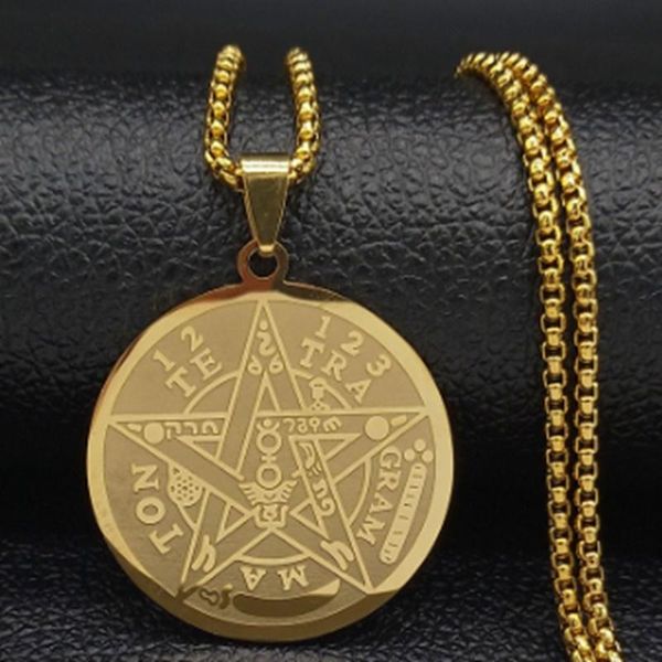 

pendant necklaces witchcraft pentagram stainless steel chain necklace men's gold color round jewelry, Silver