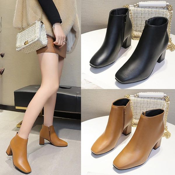 

boots simple women's leisure boot solid pointed toe winter british wind wild thick zipper square high heel shoes, Black