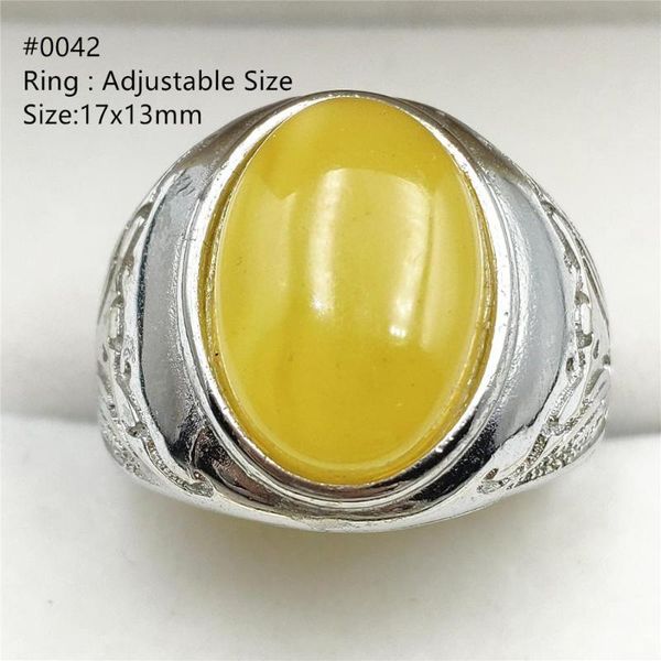 

cluster rings genuine natural amber yellow gemstone adjustable size ring big bead stone for woman man wedding sterling silver, Golden;silver