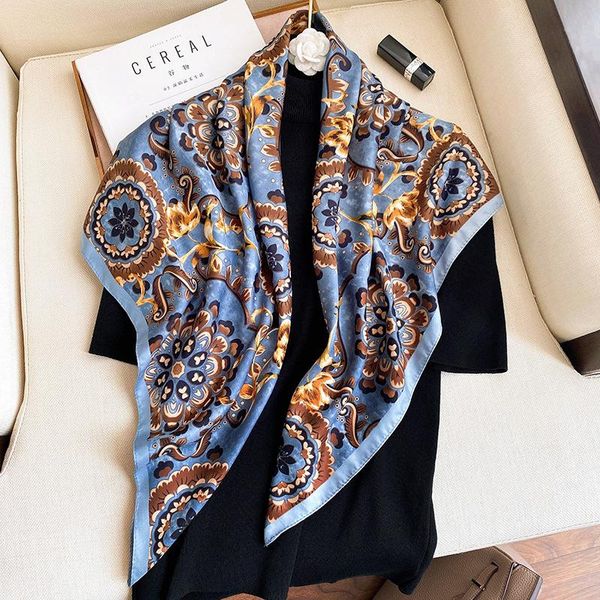 

scarves classic european and american style summer women's fashion scarf flower pattern printing 90cmx90cm small squares festival gift, Blue;gray