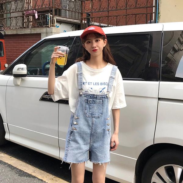 

women's jeans school girls short overalls frayed hem with side pockets denim jumpsuit for, Blue
