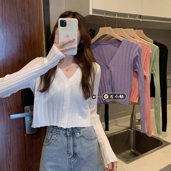 

women's knits & tees spring and autumn 2021 korean style knitted cardigan v-neck short slimming versatile sun protection shirt thin coa, White