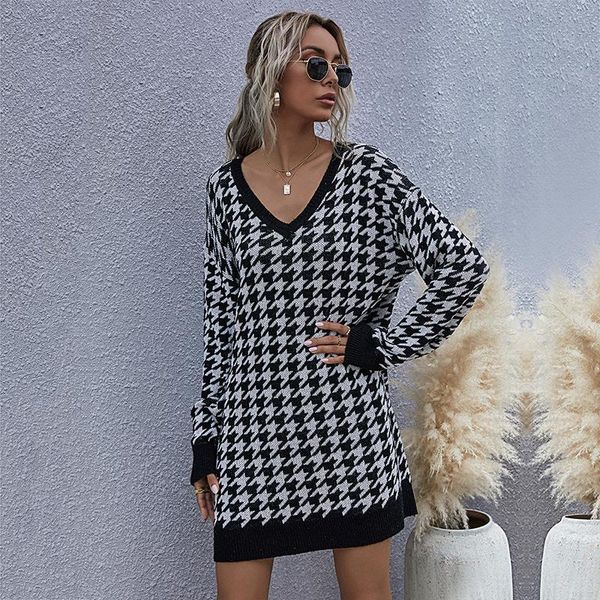 

casual dresses houndstooth jumper sweater dress women autumn winter fashion knitted pullovers medium long v neck ladies 2021, Black;gray