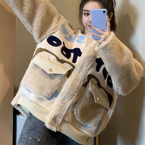 

women's wool & blends lamb coat female 2022 winter korean coats women fashion style leather loose v-neck thickened plush cardigan jacke, Black