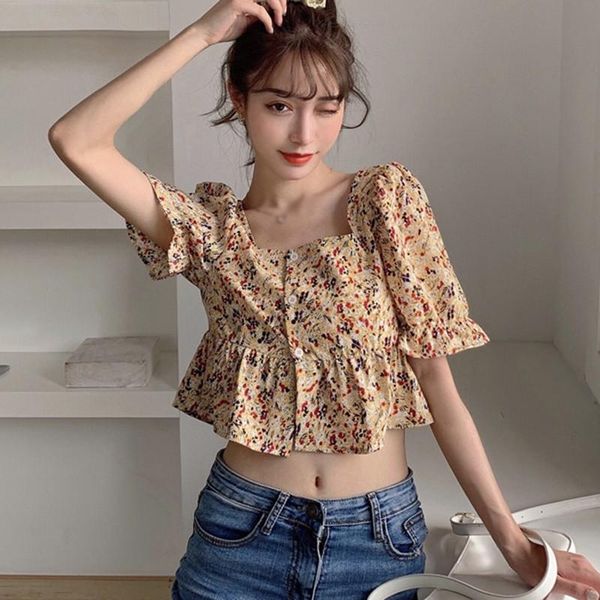 

women summer floral print blouses fashion square collar chiffon blouse sweet short shirt women's & shirts, White