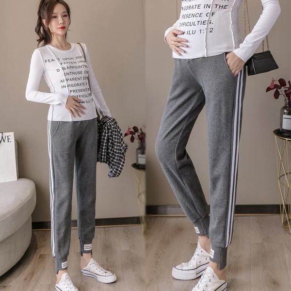 

maternity bottoms spring autumn casual side stripes pants for pregnant women high waist sport trousers pregnancy cotton blended clothes, White