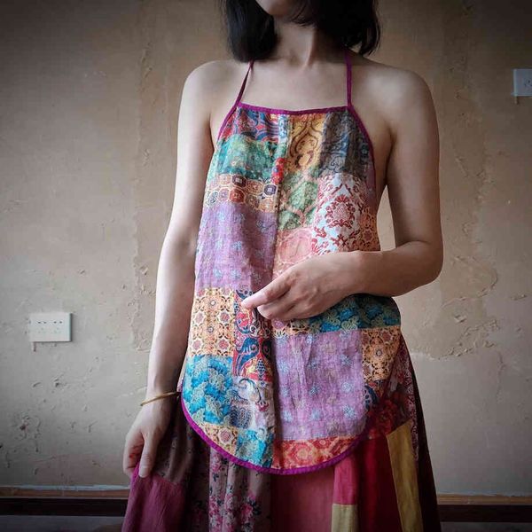 

johnature summer ramie slings vintage print flower o-neck retro camis comfortable pink women clothes 210521, White