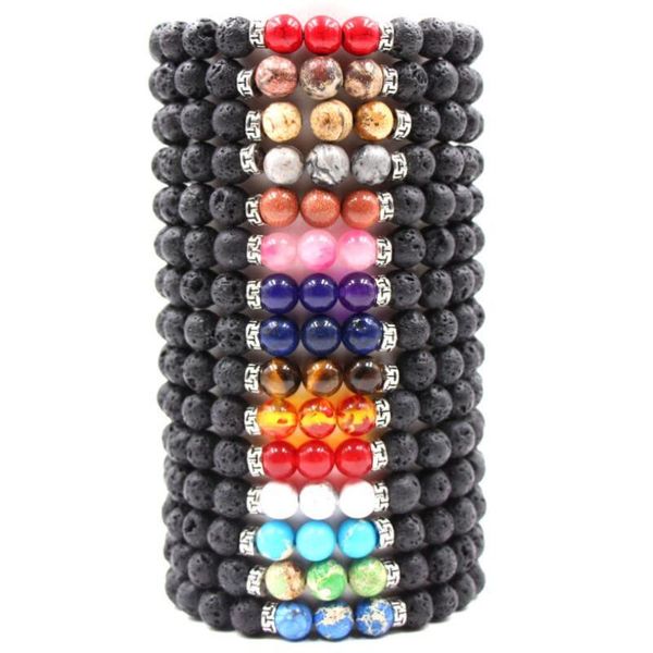

beaded, strands natural volcanic stone elastic bracelet seven chakras energy handmade beaded for men or women jewelry wholesale, Black