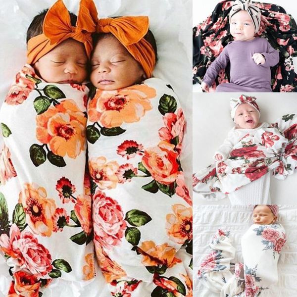 

born baby blanket print infant floral swaddle turban hat soft sleeping wrap set playmats koc blankets & swaddling