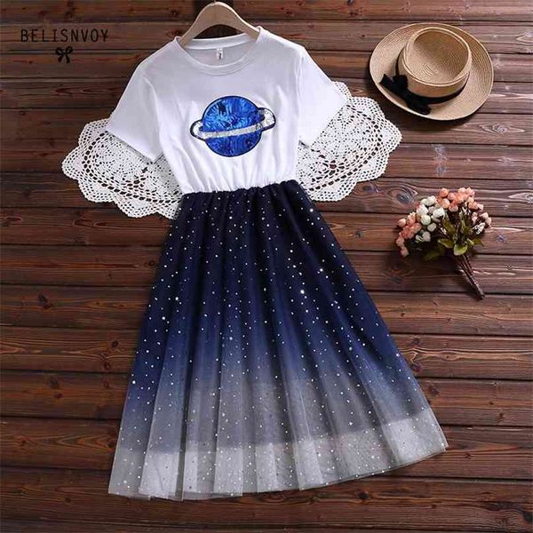 Mori Mädchen Sommer Frauen Kleid Süße Pailletten Gradient Planet Mesh Patchwork Femininos Vestidos Kurzarm Kawaii Kleider 210520