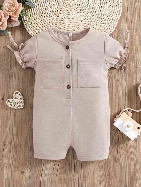

baby dual pocket knot cuff puff sleeve romper she, Blue