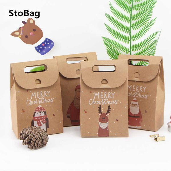 StoBag 10 Stück Frohe Weihnachten Kraftpapiertüten Party Art Favor Candy Chocolate Cookies Verpackung handgemachtes Geschenk Weihnachtsmann 210602