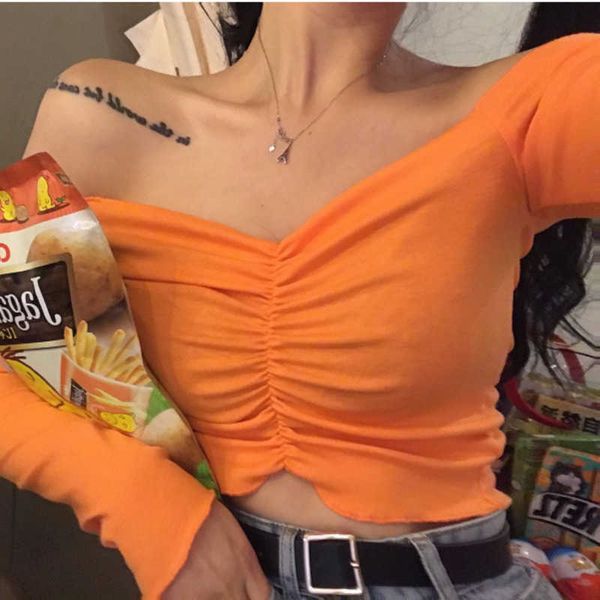 

lace candy color korea full sleeve ruffle skinny slash neck summer t shirt women tshirt tees girl female ye1m 210603, White