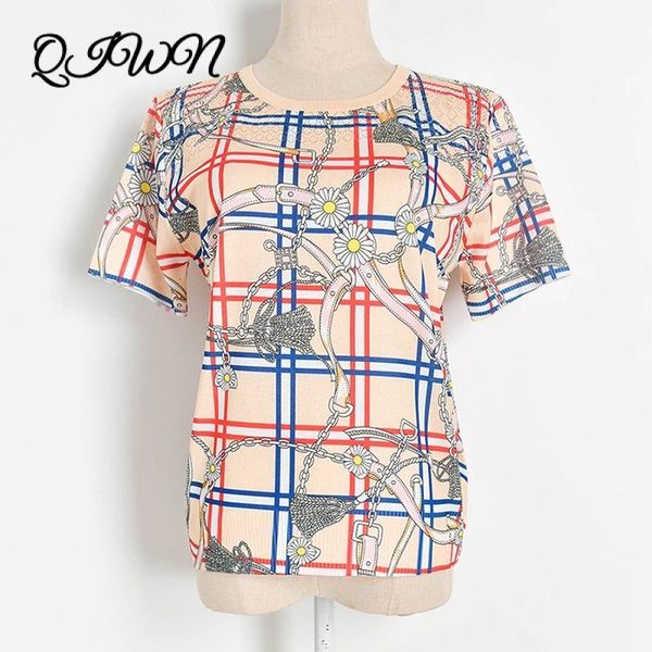 

women's t-shirt runway fashion women summer plaid daisy chain printed knit pullover loose casual short sleeve luxury design brand cloth, White
