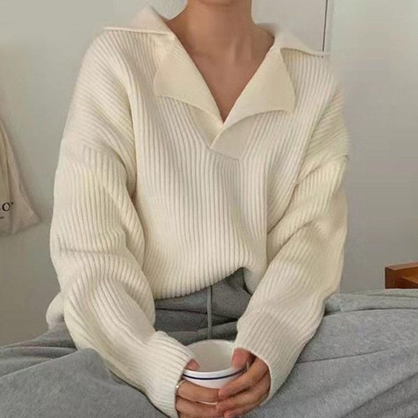 

women's sweaters women solid knitted pullover turn down collar long sleeve casual lady jumpers fashion female knitwear 2021 autumn, White;black