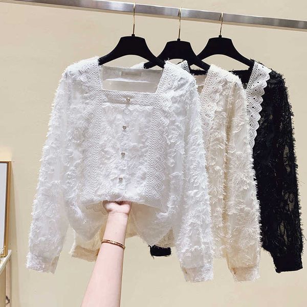 

korean style women shirts kawaii autumn fashion lace blouse women long sleeve cute loose button shirt oversized 210604, White