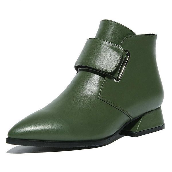 

boots 100% cow leather women ankle poined toe 3cm thick heels elegant ladies work shoes woman black green large size 41 42