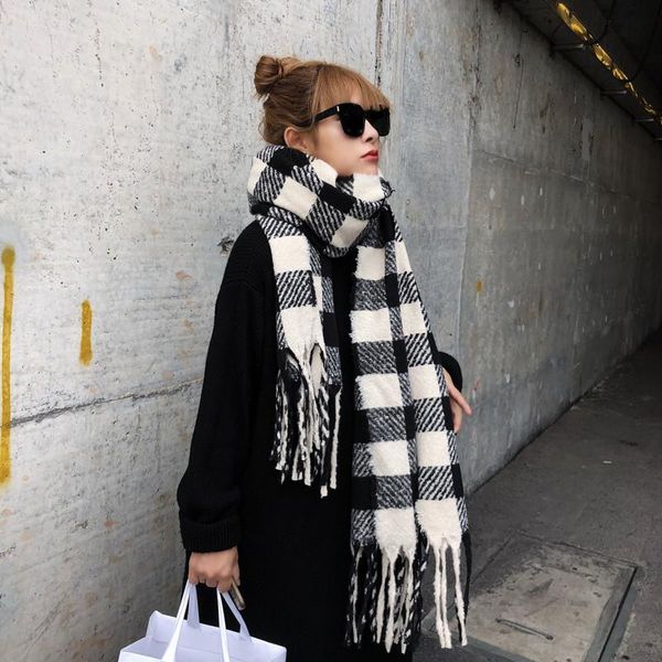 

women black white plaid split tassel keep warm scarf new long personality fashion tide autumn winter 2021 1dd0321, Blue;gray