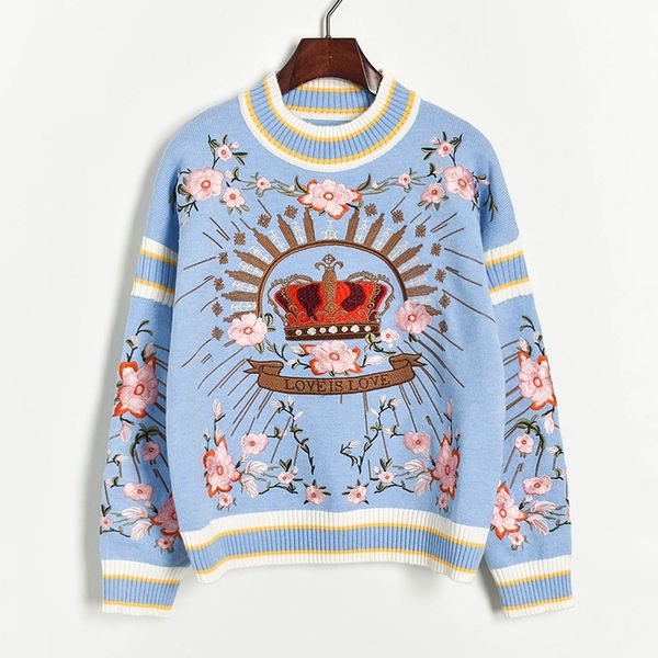 

autumn and winter embroidery floral loose sweater women long sleeve knitted pullover black blue modis, White;black