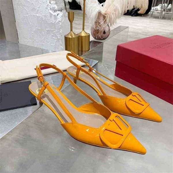 

v 2021 spring and summer new candy color metal button back empty sandals leather pointed women's shoes medium and small heel women&#039, Black