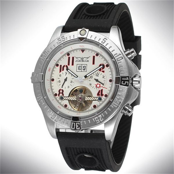

jaragar fashion trend men mechanical clock calendar nep three-eye innovative hollow design rubber strap, Slivery;brown