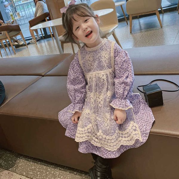 

kids flowers cotton dress spring girls lace cover bibs and lartern sleeve 2pcs clothing set outfit for children 210529, White