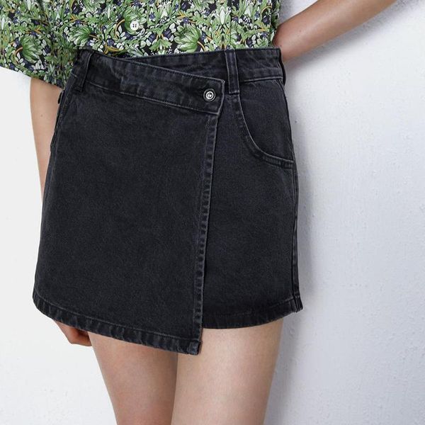

women's shorts 2021 women summer fashion girls solid irregular slim straight casual denim skirts high waist patchwork short jeans, White;black
