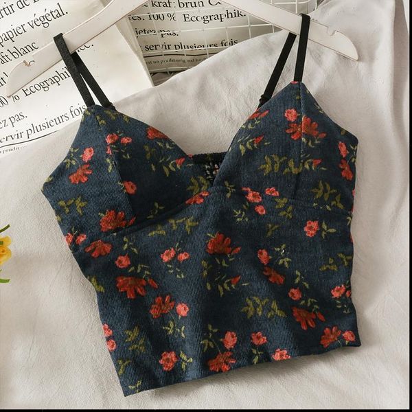 

backless floral print womens tanks party korean fashion v neck corduroy crop, White