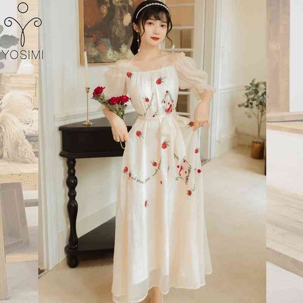 

yosimi floral embroidery long women dress beige summer slash neck off the shoulder loose midi bandage party elegant 210604, Black;gray