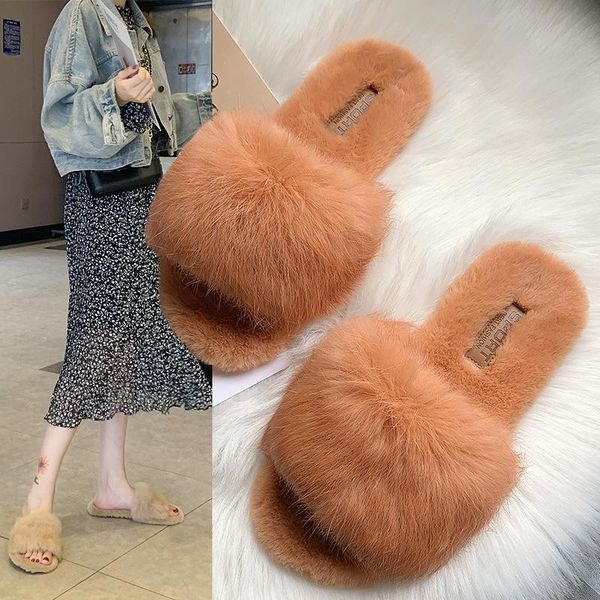 

slippers green/orange fur women flat heel warm winter shoes woman cozy long plush slides mules ladies furry flip flops 40, Black