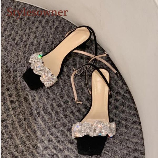 

square toe fashion rhinestone high heels female summer 2021 purple sweet fairy 6cm stiletto open sandals, Black
