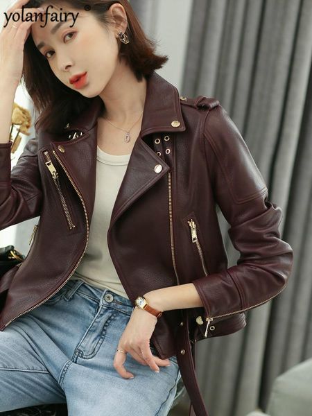 

women's leather & faux 2021 spring real jacket genuine sheepskin coat female short vintage motorcycle autumn 018 kj, Black