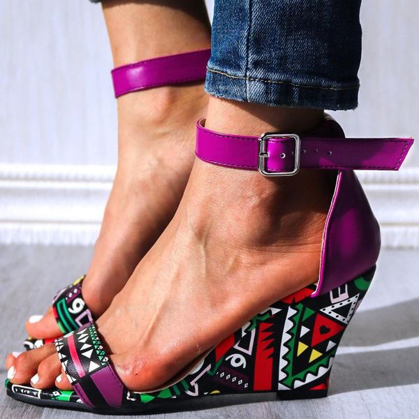 

dress shoes 2021 women's plus size 33-43 graffiti purple high heels wedges sandals summer, Black