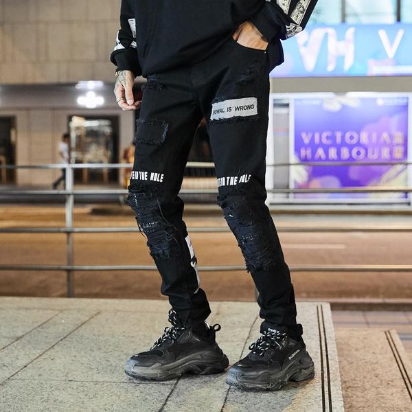 

men's jeans hole ankle zipper ripped for men straight vaqueros hombre black casual slim denim trousers male pencil pants, Blue