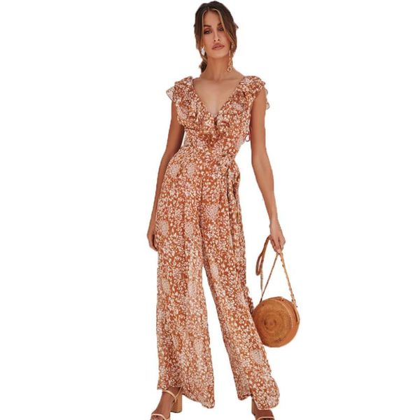 

women's jumpsuits & rompers elegant halter casual floral wide leg ruffled sleeveless women jumpsuit fashion deep v neck summer high wai, Black;white