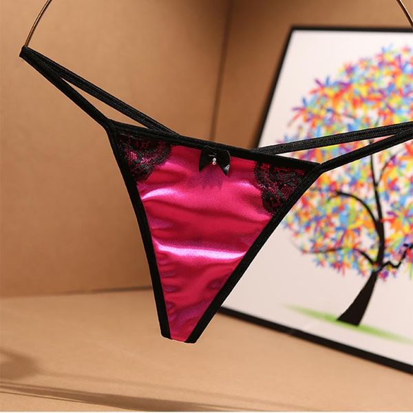 

women's panties seamless lace thongs underwea bowknot lingerie bud silk satin light luxury ice cotton crotch, Black;pink