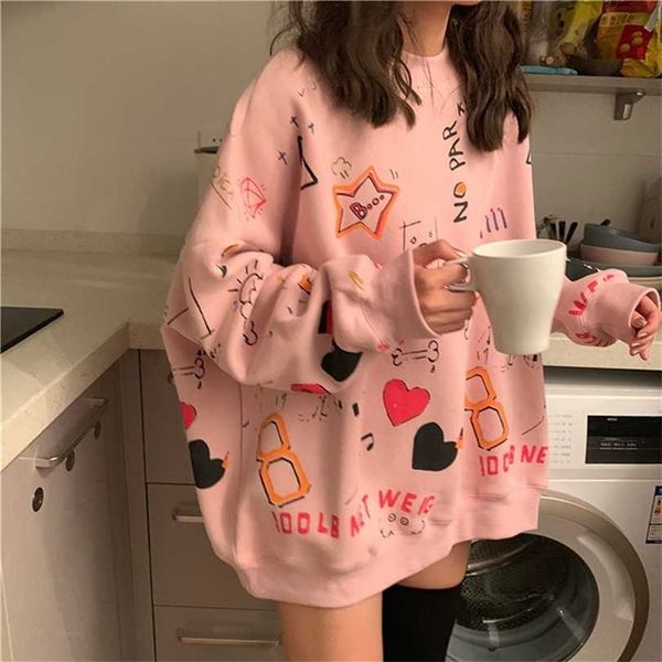 Roupa das mulheres Hoodies Teen Street Harajuku Hip Hop Pastel Suéter para Mulheres Impressão Loose Lazer Hoodie 211222